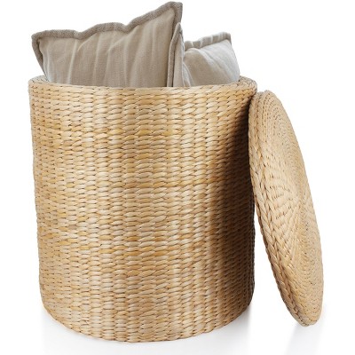 SUGIFT 16" Round Storage Ottoman with Lid - Natural, Handwoven Footstool for Living Room, Bedroom, Bathroom, Home Office
