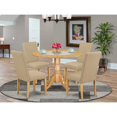 HomeStock Belmont 5Pc Round 42" Kitchen Table With Two 9-Inch Drop Leaves And Four Parson Chair With Oak Finish Leg And Linen Fabric- Dark Khaki Color