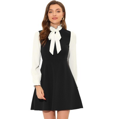 INSPIRE CHIC Women's Elegant Contrast Ruffle Stand Collar Bow Tie Puff Sleeve Office Dress