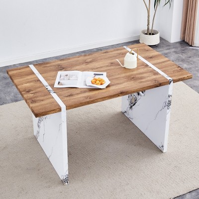 55'' Natural Wood Grain MDF Dining Table,Table With Splicing Structure Design And Marble Patterned Table Legs,Wooden Dining Table-Coolbibila