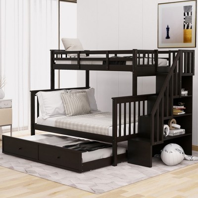 TiramisuBest Stairway Twin-Over-Full Bunk Bed with Twin size Trundle,Storage and Guard Rail for Bedroom,Dorm,for Adults Gray