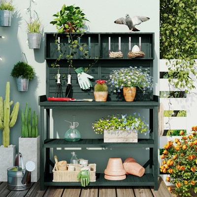 65"H Patio Potting Bench Table, Wooden Farmhouse Garden Workstation with 4 Storage Shelves and Side Hook - ModernLuxe