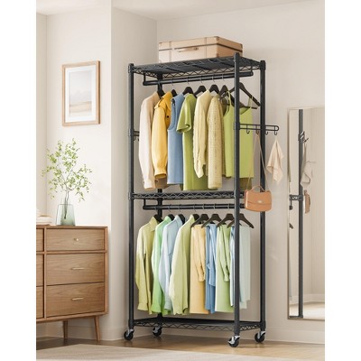SONGMICS Garment Rack, Heavy-Duty Rolling Clothes Rack, Portable Closet Rack, 29.5-Inch Wide Clothing Rack on Wheels, Ink Black
