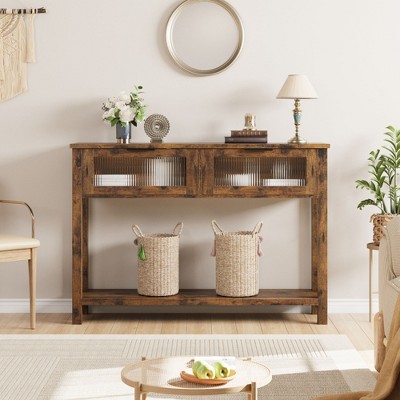 Console desk with 2 glass drawers,2-story entrance desk with storage rack,hallway and living room sofa table