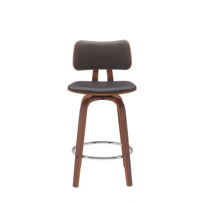 HomeRoots 26" Brown And Wood Brown Faux Leather Swivel Low Back Counter Height Bar Chair