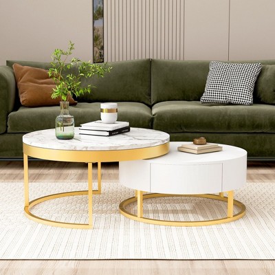 NicBex Modern Nesting Set of 2 Round Coffee Table with Storage & Golden Legs,Center Table for Living Room,Living Room Furniture
