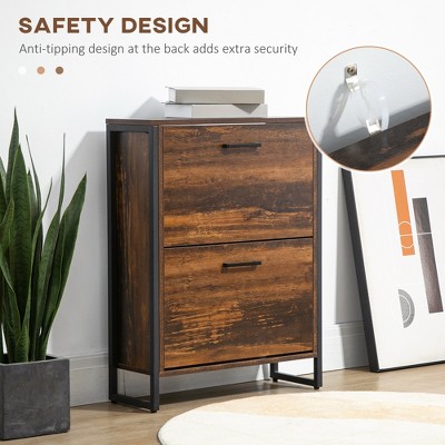 RISOKEYS Industrial Shoe Cabinet with 2 Flip Drawers,Freestanding Shoe Storage Cabinet for 12 Pairs, Narrow Slim Shoe Rack for Entryway,Hallway,Brown