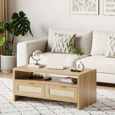 Garvee Rattan Coffee Table with 2 Drawers, Wooden Coffee Table with Open Storage, Oak