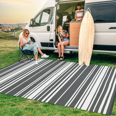 Outdoor Rug Waterproof Patio Rug, Reversible Plastic Outside Carpet, Striped Camping Straw Rugs, for RV Deck Balcony Backyard