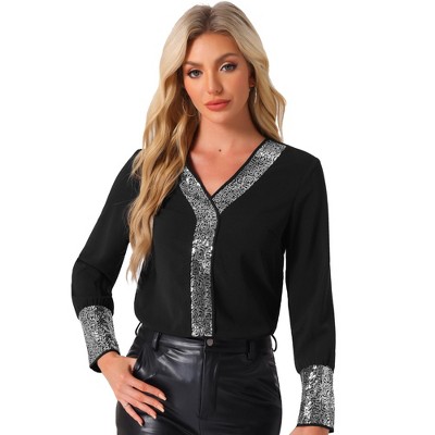 Allegra K Women's Sequin V Neck Long Sleeve Casual Lightweight Blouse