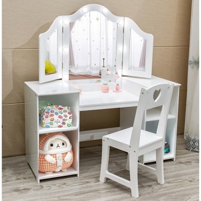 Kids Vanity with Lights, Makeup Desk Chair Set with Storage Shelves Cabinet, Toddler Dressing Table with Mirror, Pretend Play Vanity Set for Girls