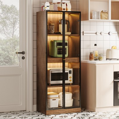 TJafurn 23.6'' Display China Cabinet With Pull-Out Shelf for Liquor Bottles, Wooden Curio Case Dining Cabinet with Glass Doors, Black and Walnut