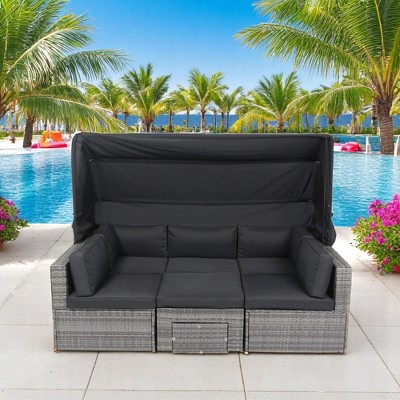 7-Piece Outdoor Patio Furniture Set with Retractable Canopy,Wicker Rattan Sectional Sofa with Washable Cushions for Lawn,Garden, Backyard, or Poolside