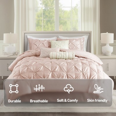 7 Pcs Faux Silk Bedding Set, Solid Color RIAB Royal Style Comforter Set, Tufted Dimensional Design Smooth Edge Comforter with Matching Pillow Cases