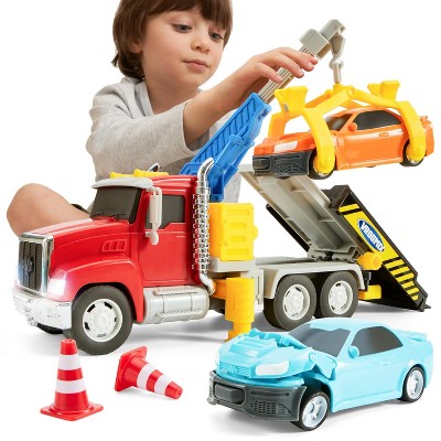 Joyfy Kids Toys for 3 4 5 6 7 Years Old Boys, Toy Tow Truck
with 2 Cars and Trailer, Crane Toy with Lights and Sounds, Toddlers Birthday Gift for Boys