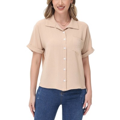 Anna-Kaci Women's Button Down Collared Shirt with Rolled Short Sleeves and Chest Pocket