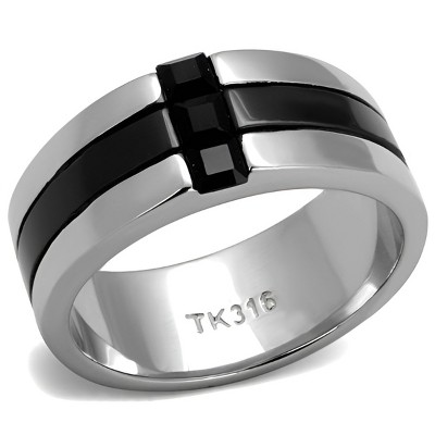 Slickblue Men’s Silver Wide Band Ring – Jet Black Square Synthetic Crystal, Polished Stainless Steel, Sizes 8 to 13
