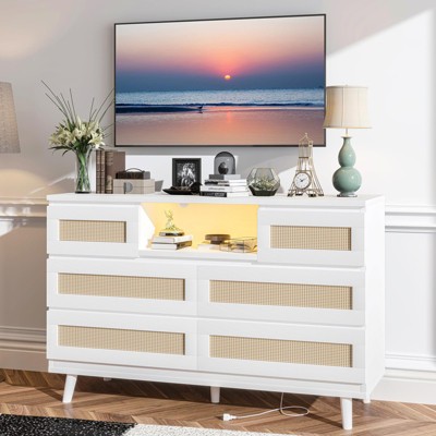 Rattan Dresser with 6 Drawers, Natural Wood Durable Dressers, 6 Chests of Drawers, TV Stand, Storage Cabinet for Nursery, Entryway, Bedroom,Hallway