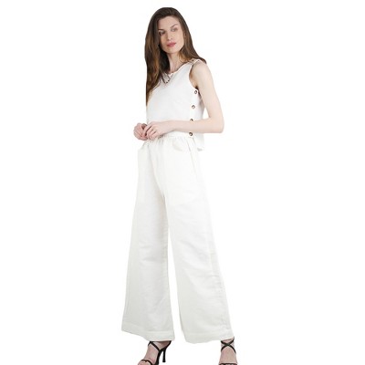Artyska Women's Two Piece Boat Neck Sleeveless Linen Crop Tank Top Wide Leg Pants Matching Set