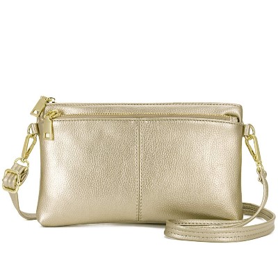 Triple Zip Small Crossbody Bag Lightweight Purses Vegan Leather Wristlet Clutch, Includes Adjustable Shoulder (Gold)