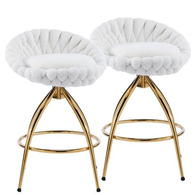 Karl Home 2 Piece Set of White Swivel Bar Stools with Teddy Fleece and Electro - Plated Gold Iron Legs