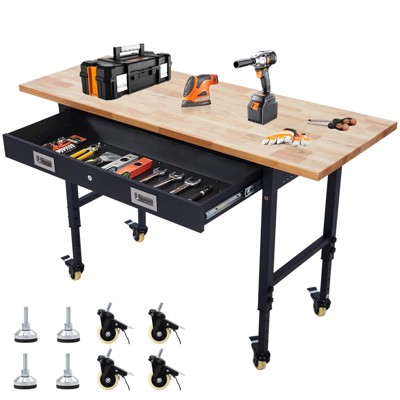 60"Workbench with Drawer Storage, Rubber Wood Top Workbench Adjustable Heavy Duty,Rolling Worktable with Power Outlet&Wheels,2000 Lb Capacity Hardwood