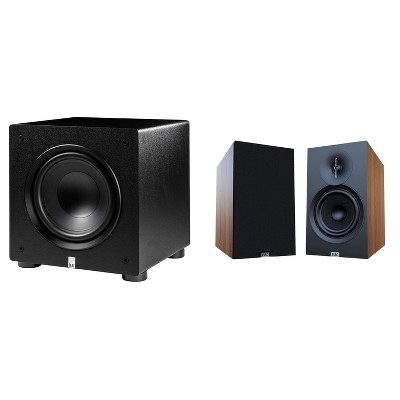 Elac Debut 3.0 Walnut 6.5 Inch Book Shelves With Elac Varro 10In Subwoofer