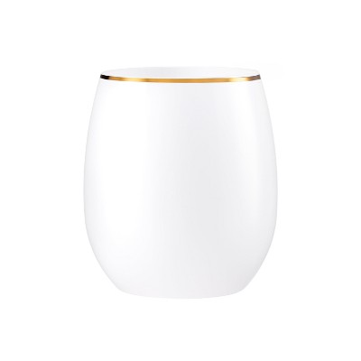 Posh Setting 12 oz White with Gold Rim Plastic Disposable stemless Wine goblet - 6 Pack