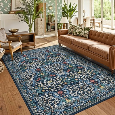Washable Floral Print Botanical Rug Non Slip Low Pile Rug Soft Floor Cover Foldable Indoor Carpet for Living Room Bedroom Home Office