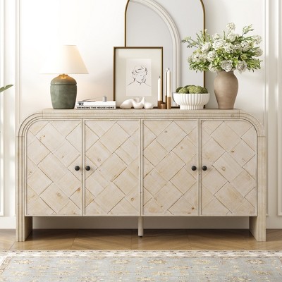 59.8"W Luxury Multi-Functional Sideboard with Woven Wood Slat Doors & Stepped Design, Solid Wood Veneer Console for Living Room - ModernLuxe
