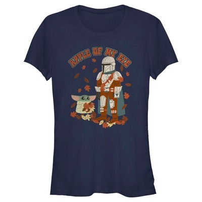 Juniors Womens Star Wars: The Mandalorian Grogu and Din Djarin Fall Leaves Apple of my Eye T-Shirt