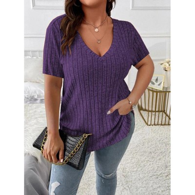 Women's Plus Size Casual Tops V Neck Solid Color Shirts Lightweight Short Sleeve Blouses