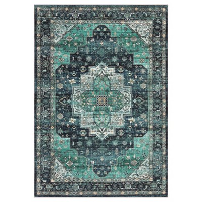 Washable Vintage Rug Non Slip Low Pile Rug Soft Throw Floor Cover Floral Foldable Indoor Carpet for Living Room Bedroom Playroom Nursery