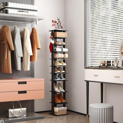 Tree City - 62'' Tall 10-Tier Slim Shoe Rack with Side Hooks for Entryway, Bedroom & Closet,Holds 10-20 Pairs