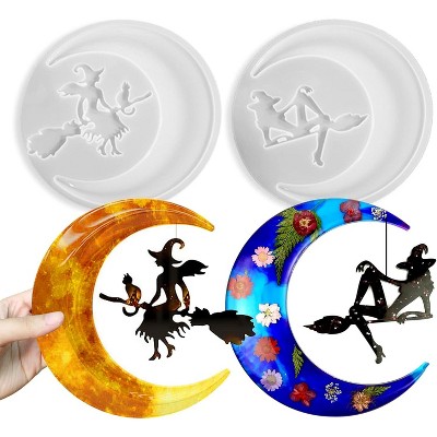 JDICTION 2PCS Halloween Resin Molds: Large Moon Witch Silicone Molds for Epoxy Resin, plus Crescent Moon Wall Hanging Ornament Moulds