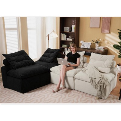 99'' Corduroy Modular No-Armrests DIY 4-Seater L-Shaped Sectional Sofas with Neck Pillow and Lumbar Pillow