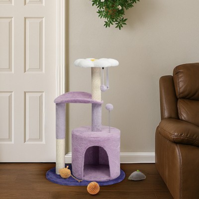 33in Cat Tree, Multi-level Cat Tower with Cat Scratching Post with Curved Perch, Cozy Cat Condo, Padded Top Bed for Kittens and Indoor Cats, Purple
