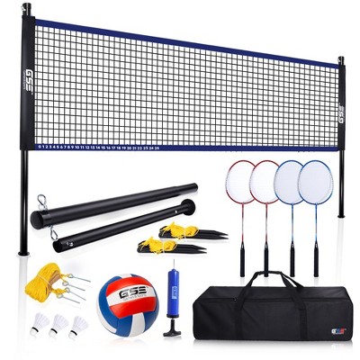 GSE Badminton/Volleyball Combo Set with Net, Volleyball with Pump, 4 Badminton Rackets, 3 Shuttlecocks & Carrying Bag (Portable/Professional)