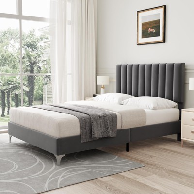 Garvee Velvet Full/Queen Bed Frame, Adjustable headboard, Wooden slats, No Box Spring. Easy Assembly, Gray