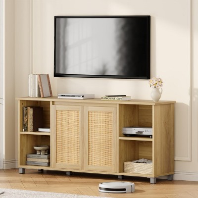71" TV Stand, Boho TV Table with Rattan Doors, Television Media Console with Open Shelves, Mid-Century Entertainment Center, 15" D x 30" H