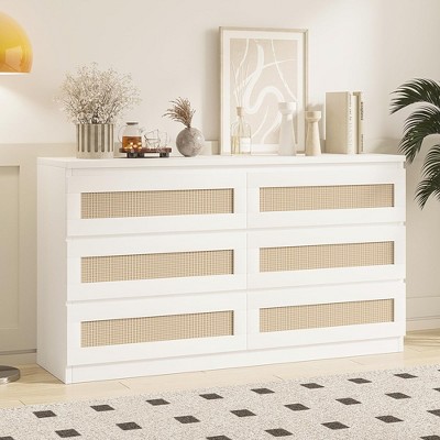 6 Drawer Double Dresser for Bedroom, Rattan Dresser for Bedroom with Smooth Mental Slide