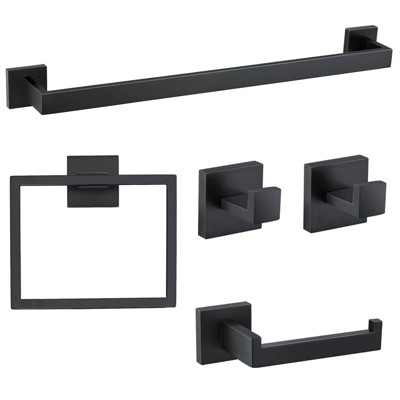 Itopfox 5-Piece Matte Black Bathroom Hardware Set, Stainless Steel Towel Bar, Ring, Toilet Paper Holder & Hooks, Wall Mounted