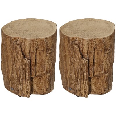 HOMCOM Side Table with Round Tabletop, Tree Stump Shape Concrete End Table with Wood Grain Finish, for Indoors and Outdoors, Set of 2, Natural