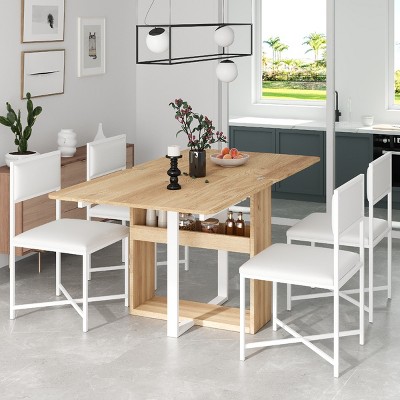 5 Piece Extendable Dining Table Set,MDF Wood Foldable Kitchen Table and PU Leather Chair with Storage Rack,Space Saving Dining Set-Coolbibila