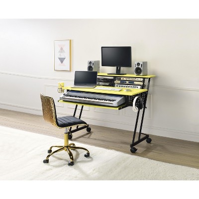 PAGED Contemporary Computer Desk Music Recording Studio Desk with Wooden Top for Living Room, Metal Frame Base with Caster Wheels
