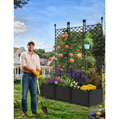 Acekool Garden Bed Kit with Trellis, Vertical Planter Box for Balcony, Patio or Deck, Black, Easy Assembly (Black/Stone)