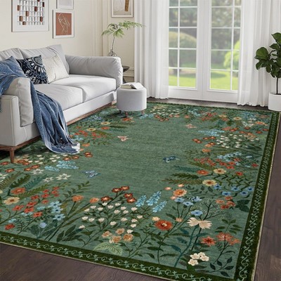 Coolmee Area Rugs for Living Room Floral Washable Rug Soft Boho Non-Slip Carpet Indoor Floor Carpets for Bedroom Dining Room