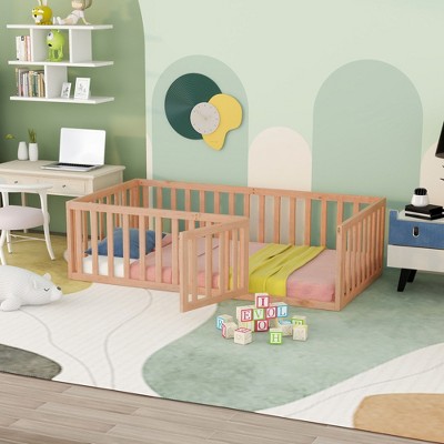 NicBex Twin/Full/Queen Wood Floor Bed,Toddler Floor Bed Frame with Fence and Door,Montessori Floor Bed for Kids,Girls,Boys