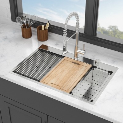 33 Drop In Kitchen Sink - 33X22 Stainless Steel Drop In Sink Ledge Workstation Topmount Kitchen Sink Single Bowl, 16 Gauge
