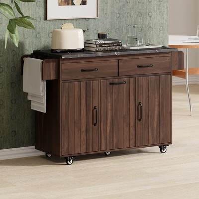KTMBDW Kitchen Island with Drawers 43.8in Rolling Island Cart Mobile Solid Wood Portable Islands on Wheels with Storage Cabinet & Drawers